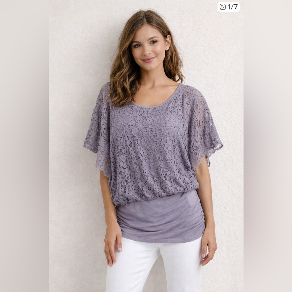 Boston Proper flutter sleeve lace blouson urban gray size xs NWT